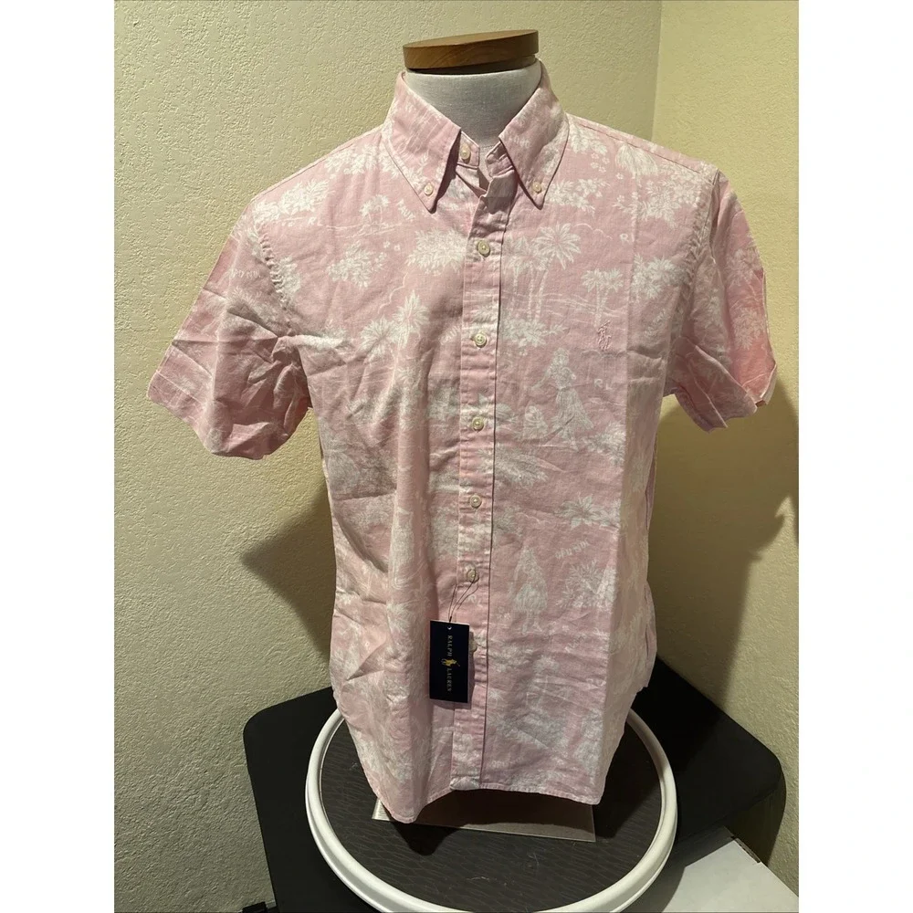 Polo Ralph Lauren Shirt Men L Pink Hawaiian Cotton Linen Classic Fit Button Up